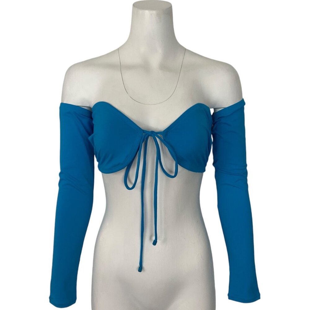 SKIMS Blue Off-Shoulder Long Sleeve Bikini Top